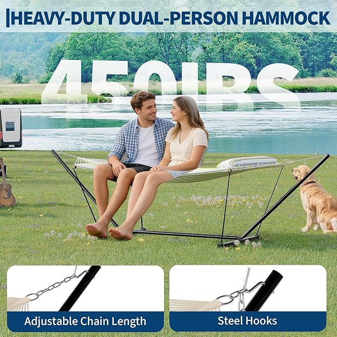 Double Hammock with Stand Curved-Bar Hammock 450LBS Capacity 2 Person Large Hammock Indoor and Outdoor Hammock Perfect for Backyard Patio Beach