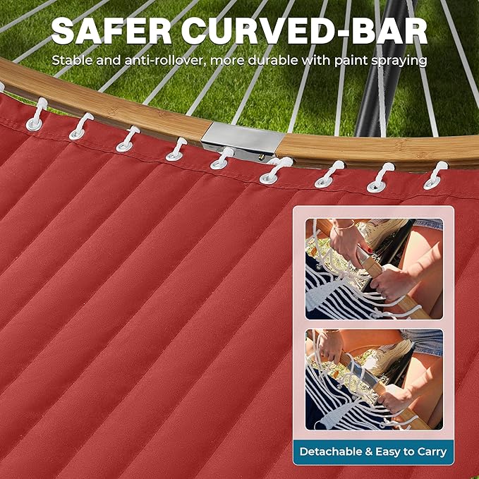 SUPERJARE Hammock with Stand 2 Person Heavy Duty Hammock with Padded Cotton Detachable Pillow &amp Strong Curved-Bar &amp Portable Carrying Bag Perfect for Outdoor &amp Indoor Red