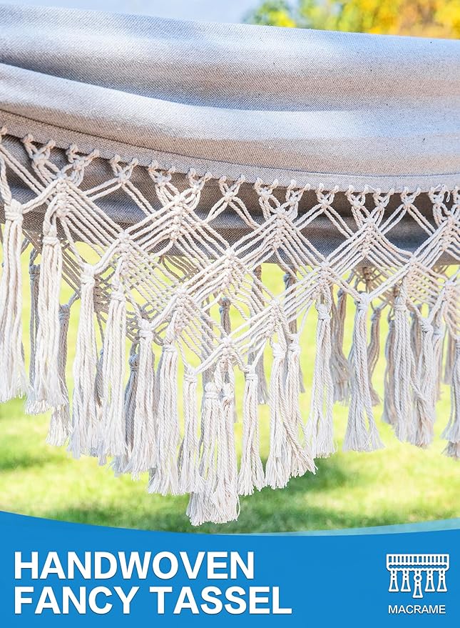 PNAEUT Handmade Tassel Hammocks Double Hammock with Stand for Outside Max 450 lbs Capacity Pillow &amp Storage Bag Included (Grey)