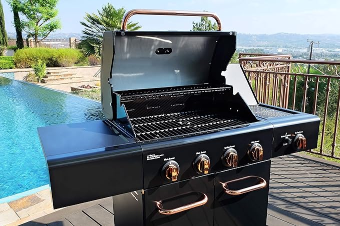 Kenmore 4-Burner BBQ Gas Grill with Searing Side Burner Propane Grill 52000 BTUs Warming Rack Electronic Ignition &amp Cast Iron Cooking Grates Black/Copper
