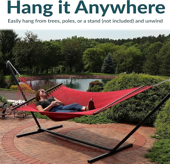 Sunnydaze Soft-Spun Polyester Rope Double Hammock for Outside - 600-Pound Weight Capacity Extra Large Hammock - Red