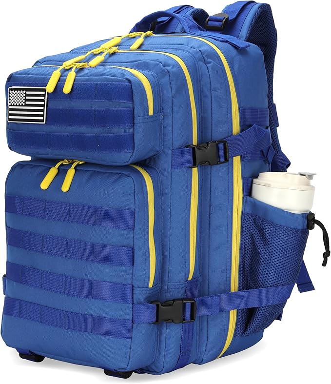 Lovelinks21 25L Tactical Military Backpack Small Travel Rucksack for Men and Women Assault Pack Bug Out Bag Molle Daypack Gym Backpack with Bottle Holder (Blue Yellow)