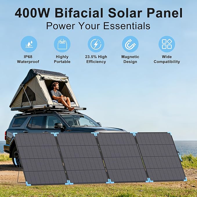 400W Bifacial Portable Solar Panel for Power Station 23.5% High Efficiency ETFE Foldable Solar Charger for Camping EssentialsIP68 Waterproof 3 Reinforced Kickstands for RV Off-Grid Blackouts