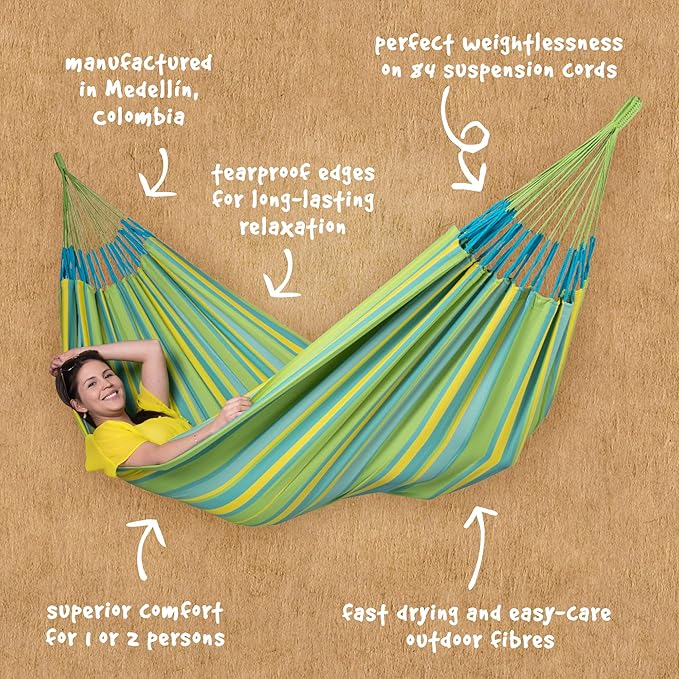 LA SIESTA Brisa Classic Hammock Handmade Weather-Resistant Tear-Resistant Hammock for Indoor &amp Outdoor Relaxation Size-Double - Lime
