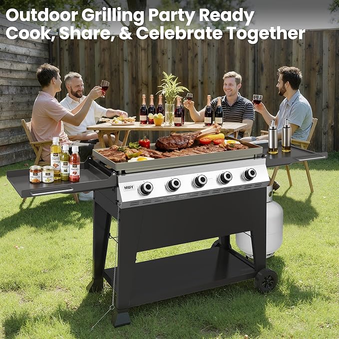 5-Burner Propane Gas Griddle 50000 BTU Outdoor Flat Top Propane Grill with 540 Sq In Cooking Area Rolling Wheels &amp Folding Side Shelves for Camping Tailgating &amp Backyard BBQ Black