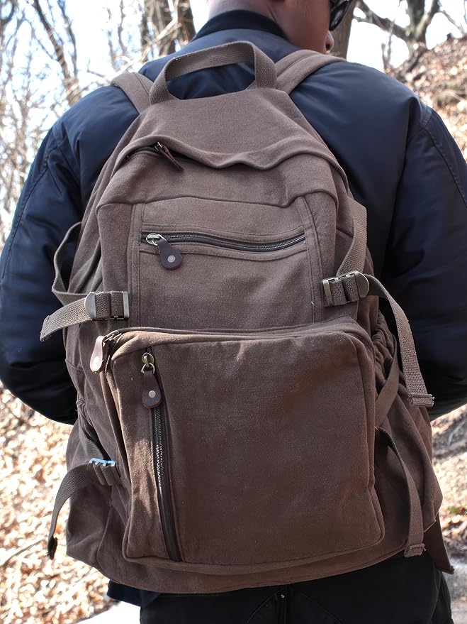 Vintage Washed Solid Military Large Canvas Backpack Khaki