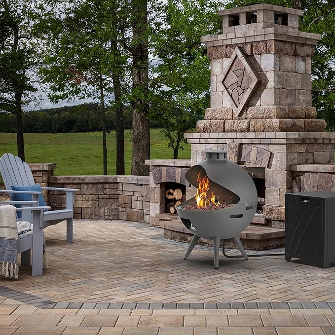 24-Inch Outdoor Propane Fireplace with 20 lb Tank Cover 55000 BTU Chimenea Propane Fire Pit Hemispherical 3-Legged Firepit with Lava Rocks and Rain Cover Gray