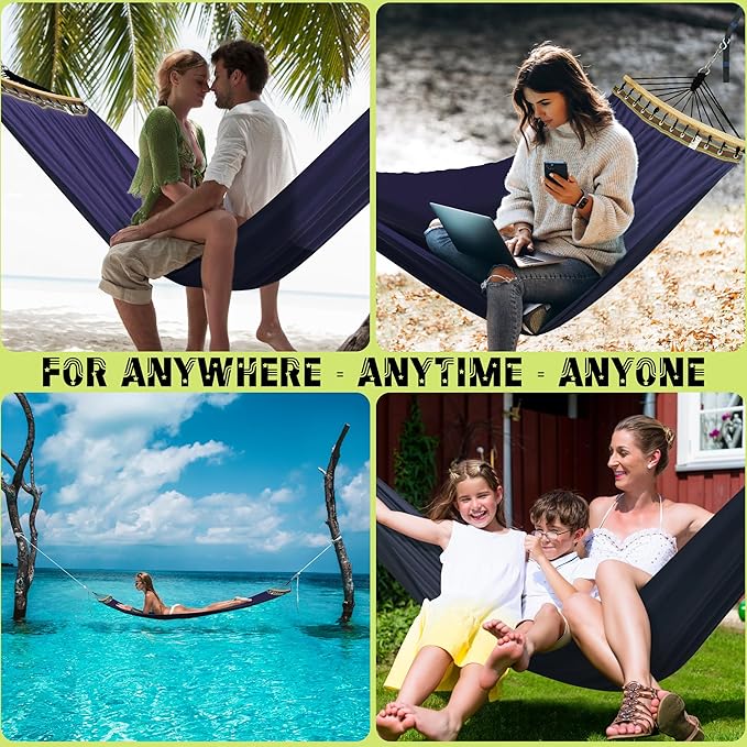 Tranquillo Double Hammock 2 Persons Cotton Canvas 600 lbs Portable Camping Hammock with Solid Curved Wood Spreader Bar Hammock for Camping Trave Outdoor Adventures Indoor Patio Garden Navy