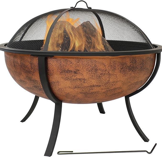 Sunnydaze 32-Inch Copper Fire Pit for Outside - Wood-Burning Fire Pit Bowl with Spark Screen Wood Grate and Poker