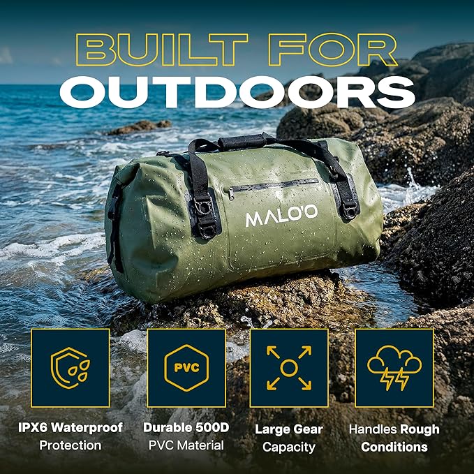 Malo’o Waterproof Dry Duffel Heavy-Duty Roll Top Waterproof Gear Bag with Shoulder Strap &amp Molle Loops Marine Duffel for Kayaking Boating Camping Beach &amp Travel Dark Green 40L