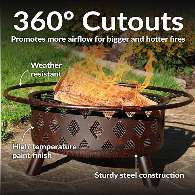Sunnydaze Crossweave Outdoor Fire Pit - Wood-Burning Fire Pit for Outside with Spark Screen Poker and Round Cover - 30-Inch - Bronze