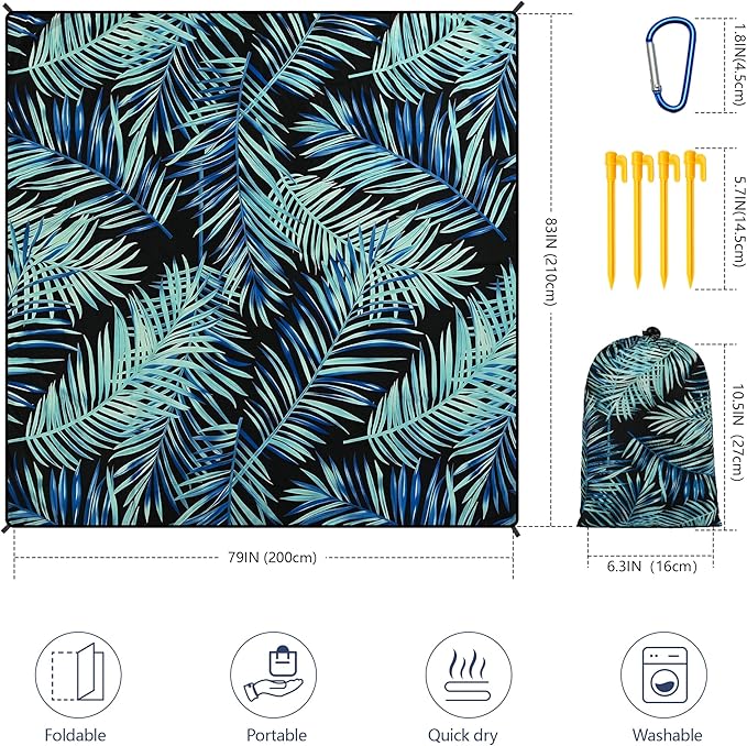 Beach Blanket Waterproof Sandproof Beach Mat 79 X 83/10'x9'for 2-8 Adults Quick Drying Outdoor Picnic Mat Beach Accessories for Travel Camping Hiking