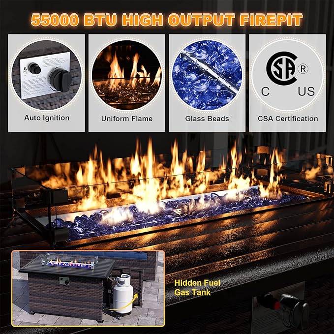 Kurapika Propane Fire Pit Table 43 Inch 55000 BTU Auto-Ignition CSA Certification Outdoor Rattan Gas Fire Pits with Slide Out Tank Holder Outdoor Fire Tables Wider Desktop Windshield and Lid