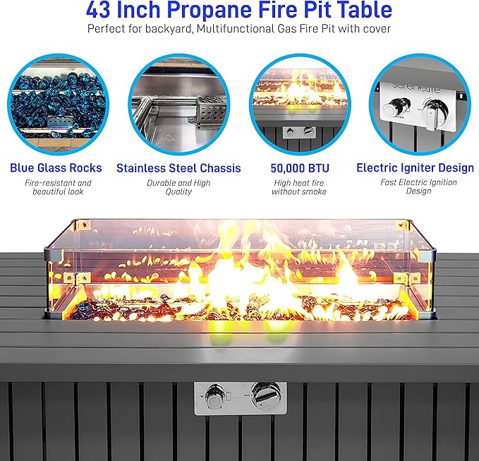 SereneLife 52 Inch Gas Fire Pit Table 50000 BTU Propane Pits for Outside with Steel Lid and Lava Rock 2 in 1 Firepit Table Gatherings Parties on Patio Deck Garden Backyard