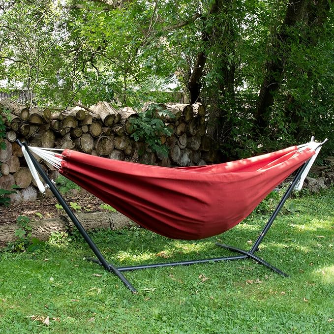Vivere Double Sunbrella Hammock with Space-Saving Steel Stand Heavy-Duty Portable Outdoor Hammock Set for Backyard Patio or Travel Crimson