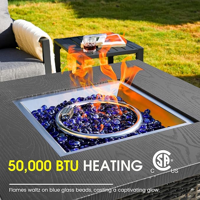 Sundale Outdoor 28 Inch Outdoor Fire Pit Table 50000 BTU Propane Fire Pits with Rain Cover Glass Stones and Lid Wicker Gas Fire Pit for Outside Patio and Garden CSA-Listed