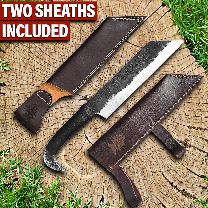 Odin's Raven Viking-styled Seax Knife 10.4 - Hand Forged 6.3 Carbon Steel Blade Raven's Head Hilt and 2 Genuine Leather Sheaths - Unique Medieval Style - Norse Knife for Hunting &amp Camping