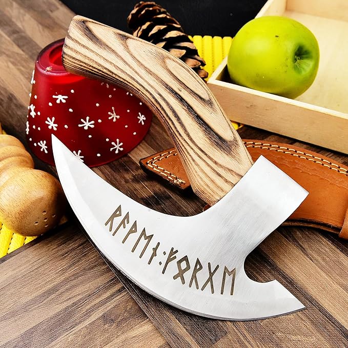SHINY CRAFTS® Viking Pizza Cutter Axe – Carbon Steel Blade with Black Etching &amp Sheath – Authentic Medieval Gift for Him Norse Style Decorative Axe (VBA-29-C)