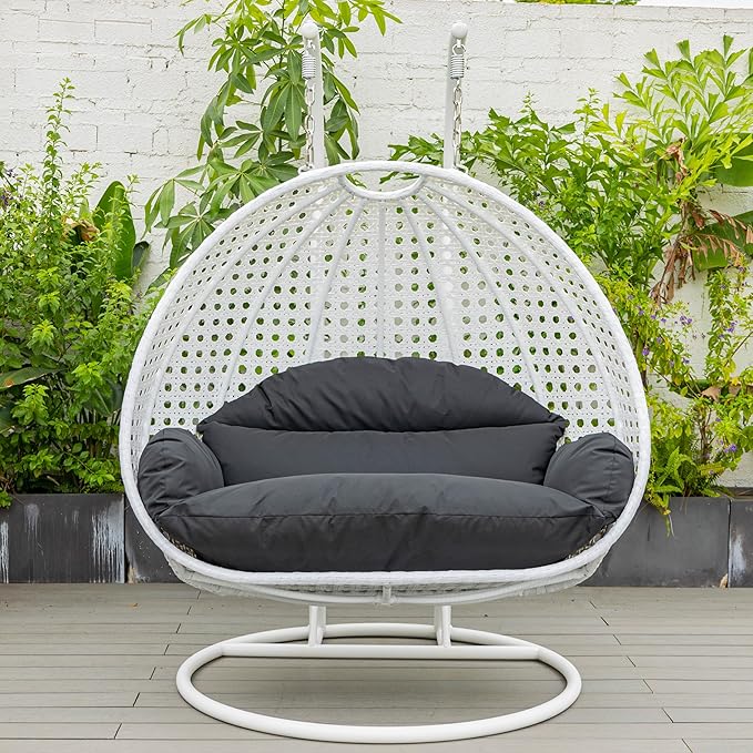 LeisureMod 2 Person Hanging Egg Chair Indoor Outdoor Patio Lounge Swing with White Stand &amp UV-Resistant Cushions Hammock Chair for Bedroom &amp Garden Black