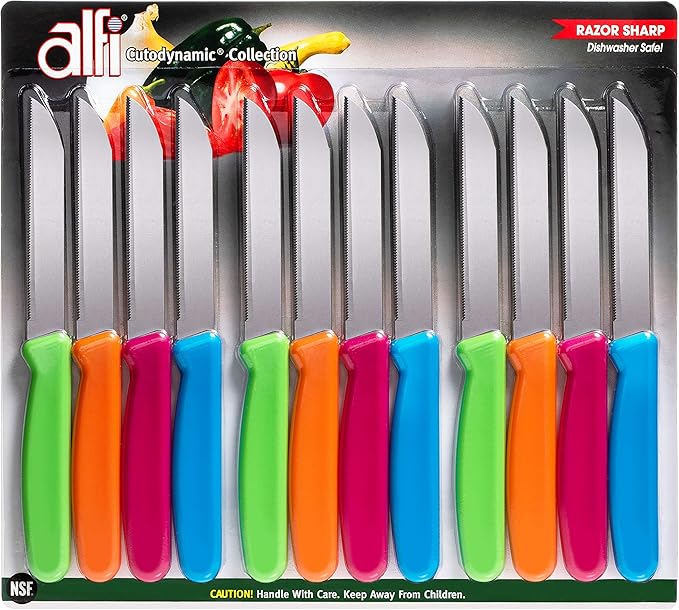 Alfi All-Purpose Knives Aerospace Precision Pointed Tip - Home And Kitchen Supplies - Serrated Steak Knives Set | Made in USA (Multi-Color 12 pack)