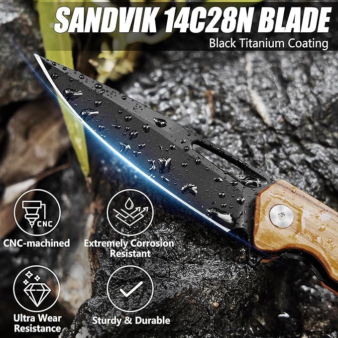 FLISSA Folding Pocket Knife Set SANDVIK 14C28N Steel Blade Knife Olive Wood-Steel Handle and Micarta-Steel Handle Pocket Clip and Thumb Hole for EDC Camping Hiking Outdoor