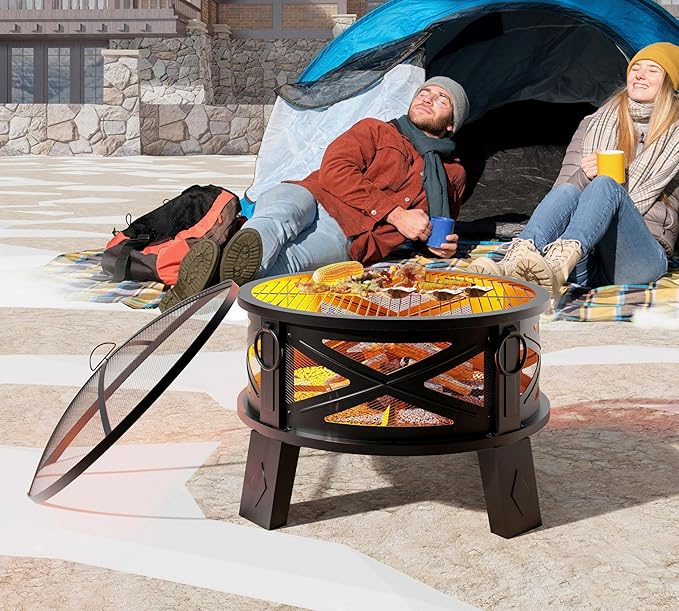 Fire Beauty 26Steel Fire Pit with Grill Grate&ampSpark Screen360° Airflow Boost TechnologyLess SmokeLarger FlamesHeavy-Duty Portable Camping Fire Pit for BackyardBeachRV (22lbs4 HandlesDual-
