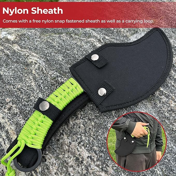 MedievalDepot Zed Skullsplitter Throwing Axe – 11 Full Tang Metal Blade with Nylon Cord Grip Sheath Included – Outdoor Throwing Practice &amp Collection (Green)