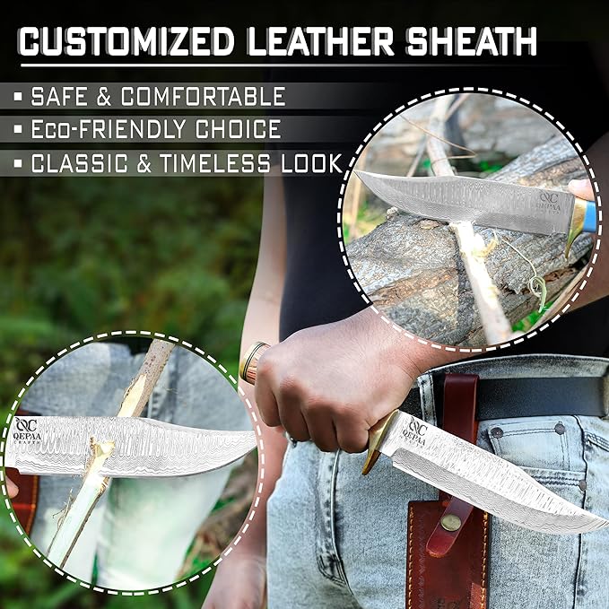 QEPAA CRAFTS® 12 Inch Handmade Steel Hunting Knife Hand Forged Damascus Steel Bowie KnifeFixed Blade Camping Knives for SkinningHuntingCampingHikingErgonomic Handle with holster-Gift for him