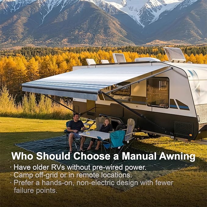 Suncode RV Awning for RVCamper&ampTravel Trailers–Manual RV Awning Complete KitManual Camper AwningRV Roll Out Awning– 11x8Ft – Black Frame &ampBlue Strip