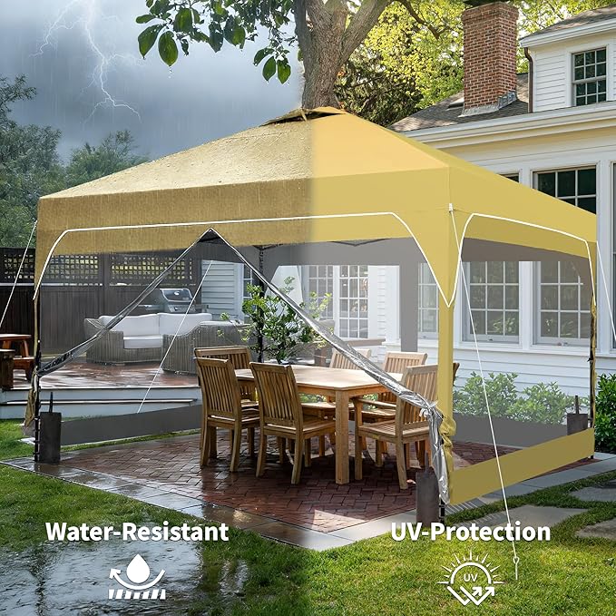 GDY 12x12FT Outdoor Pop Up Canopy Tent with One Push Setup Easy Setup Gazebo with 4 PVC Transparent Sidewalls for Patio Parties Camping Khaki