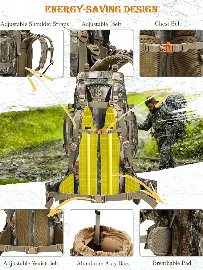 NEW VIEW Hunting Backpack for Men 80L Camo Bag for Deer Elk Waterproof Daypack with Rain Cover &amp Frame