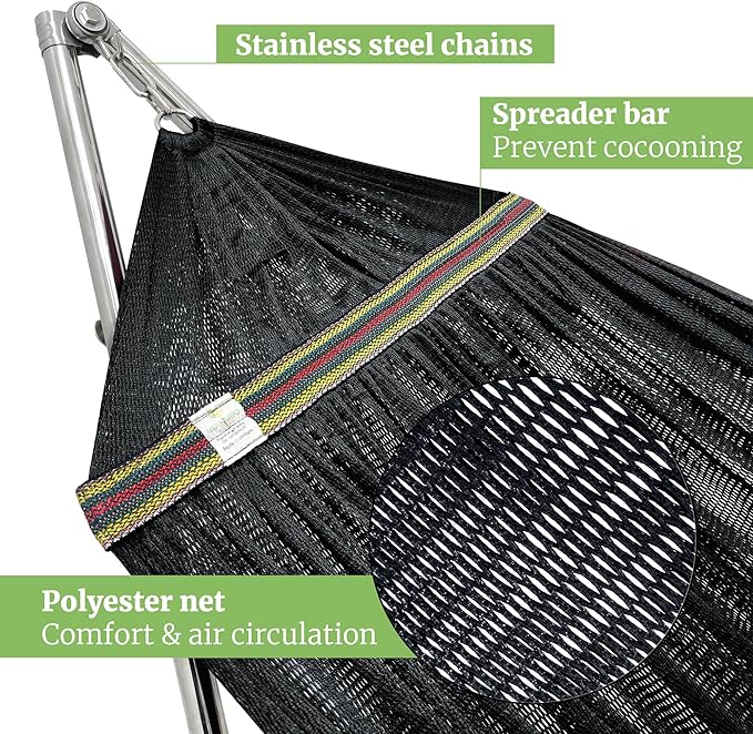 Tranquillo Double Hammock with Stand 650lb Capacity Double Hammock with Spreader Bar Solid Grade 201 Stainless Steel 30s Set Up Sturdy Flexible Hammock Stand Portable Outdoor Indoor Black