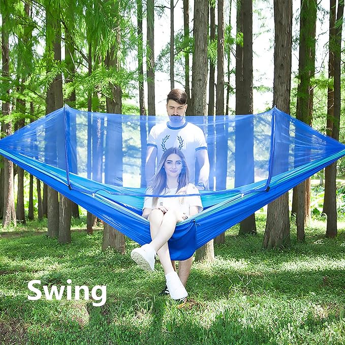 LFL Camping Hammock with Mosquito Net Hammocks with 13ft Tree Straps Carabiners Automatic Quick Open Outdoor Portable Hammock Nylon Parachute Material Outside Hammock with net Blue