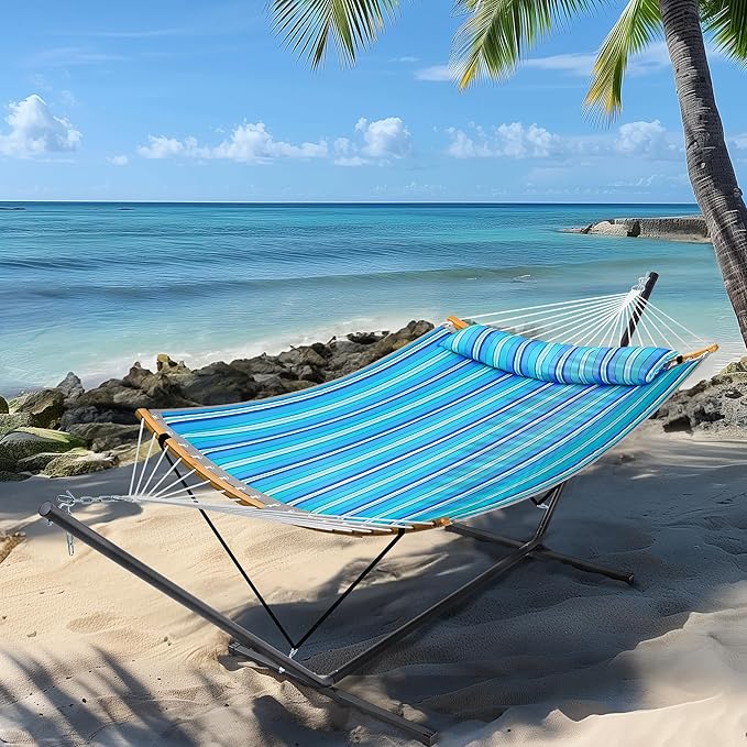 SUPERJARE Hammock with Stand 2 Person Heavy Duty Hammock with Padded Cotton Detachable Pillow &amp Strong Curved-Bar &amp Portable Carrying Bag Perfect for Outdoor &amp Indoor Aqua Blue