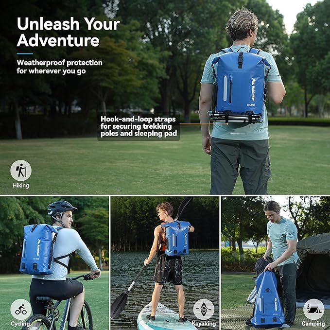 MARCHWAY Roll Top Waterproof Backpack Floating Dry Bag 20L/30L/45L with Ergonomic Rectangular Base Cushioned Back Hip Strap for Hiking Camping Kayaking Travel (Blue 20L)