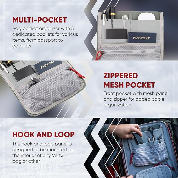 Vertx Admin Organizer Multi Pocket for Backpack Bag Organization Hook and Loop Attachment Grey - One Size