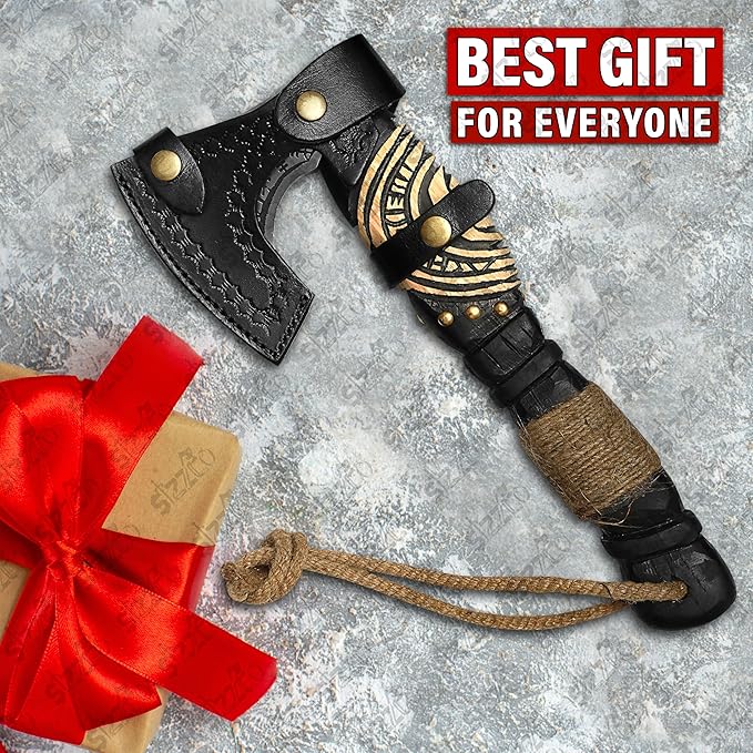 Custom Gift Black Forged Carbon Steel Viking Style Axe Bearded Axe with Rose Wood Shaft Tomahawk - Real Hatchet Best Gift for Anniversary Birthday Premium Leather Sheath