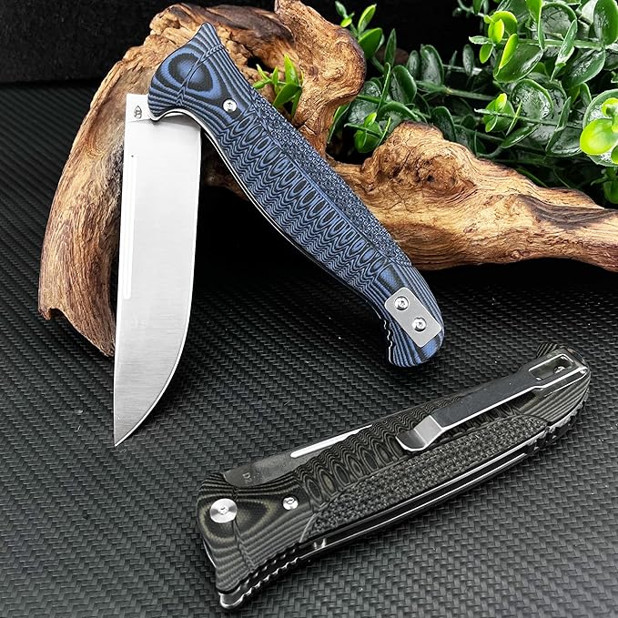 Daily Use Folding Knife with D2 Blade &amp G10 Handle Portable Outdoor EDC Tool for Camping Hunting Survival (Blue)