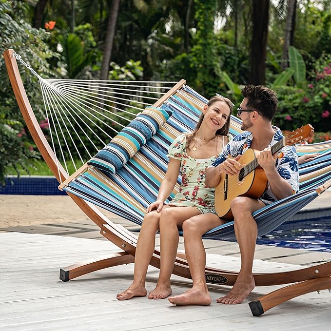 Lazy Daze Hammocks 2 Person Double Quilted Fabric Hammock with Spreader Bar Detachable Pillow Side Pocket Carabiners Chains Straps for Outdoor 450lbs Capacity Beach Stripes