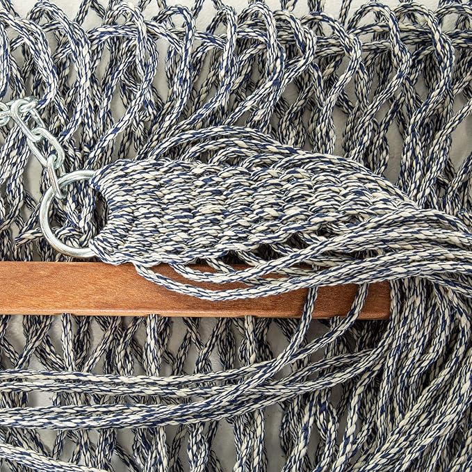 Hatteras Hammocks Small Navy Oatmeal Heirloom Tweed DuraCord Rope Hammock – 11 ft. x 45 in. 450 lb Capacity Cumaru Spreader Bar Zinc-Plated Hardware Handcrafted in The USA