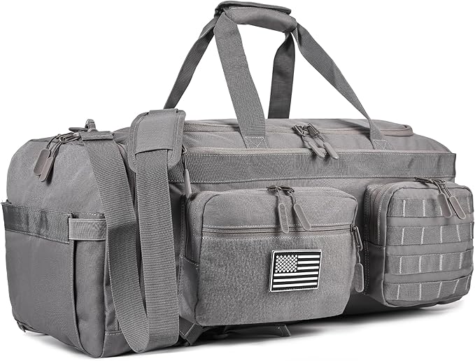 LHI 50L Tactical Duffle Bag for Men 3-in-1 Gym Duffle and Backpack Shoe Compartment Laptop Sleeve and MOLLE Carry-On Travel Weekender and Overnight Bag – Gray