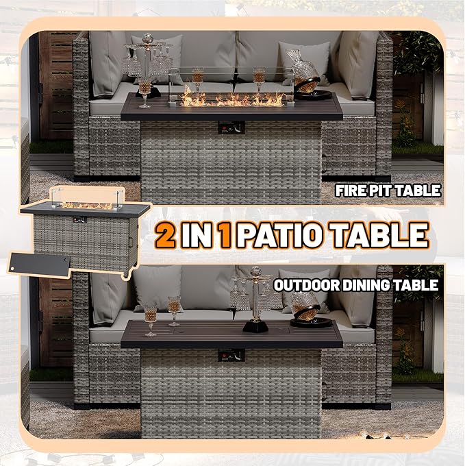 LHBcraft 44 Inch Propane Fire Pit 50000 BTU Fire Pit Table with Glass Wind Guard and Lid Gas Fire Pits for Outside Patio and Garden(Grey)