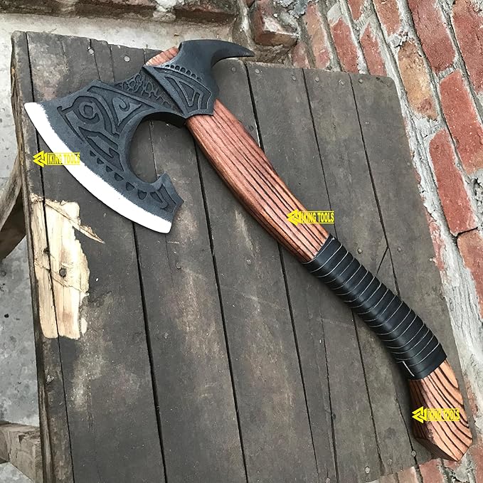 [OLDZ CRAFTZ] 22”Two Handed Large Berserker AxeReal Large Norse AxeScandinavian Style Viking Axe Double Headed ax Functional Viking ax History of Viking and Norse Mythology (Fully Forged Axe)