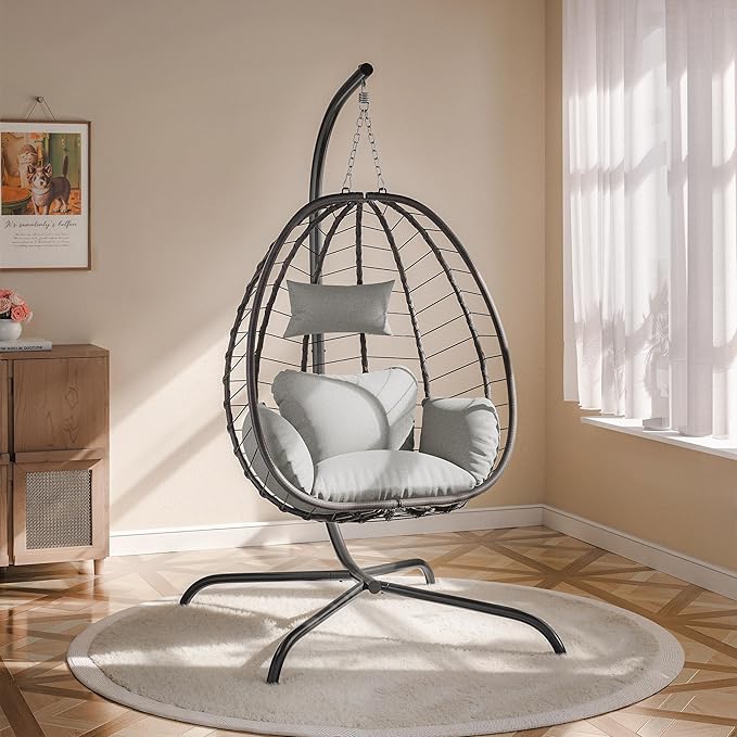 ALAULM Foldable Egg Chair with Stand 485LBS Capacity Wicker Rattan Hammock Swing Chair for Outdoor &amp Indoor Hanging Chair with Strong Frame &amp UV Resistant Cushion for Balcony Bedroom Cream