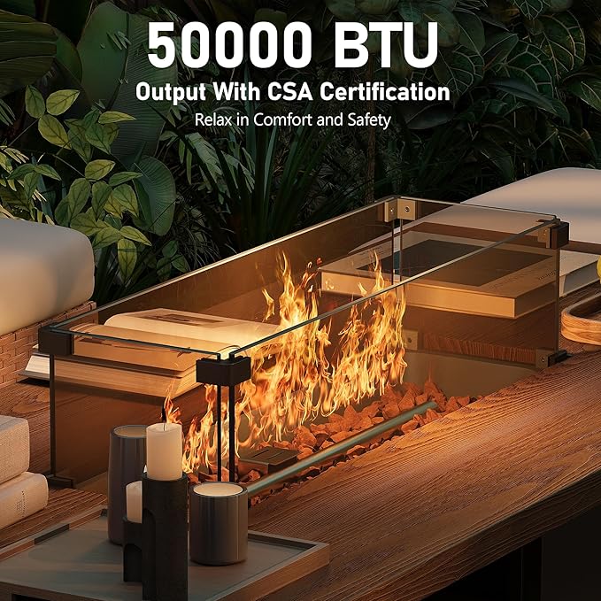 55 Propane Fire Pit Table50000btu Gas Fire Pit Table with Brown Windshield &amp Lava Rock2 in 1 Foldable Expansion Table Fire Pit with CSA Certification Firepit Table for Outdoor Patio