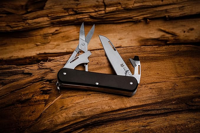 Fox Knives Vulpis FX-VP130-F4 Slipjoint Folding Knife 4-in-1 Multitool 2.17in Blade Bottle Opener Can Opener Flat Head Screwdriver Scissors - Compact Versatile Minimalist Pocket Knife (Black)