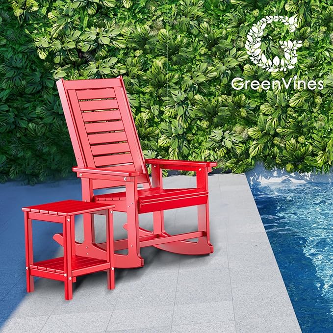 GREENVINES Outdoor Rocking Chair Set | 3-Piece | 2 Rocking Chairs with 1 Side Table | Porch Rocker | HDPE Plastic | Red | Patio Furniture Sets | High Back | Big &amp Tall | Ladder Back
