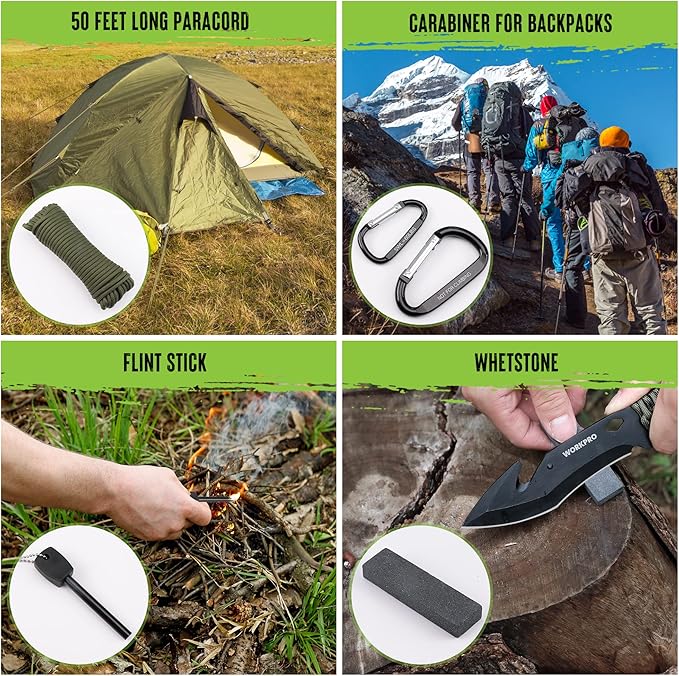 WORKPRO Machete and Camping Hatchet with Sheath Camping Axe and Fixed Blade Hunting Knives with Paracord Handle Headlamp Flint Camping Survival Tool Set for Hunting Hiking Outdoor Adventure