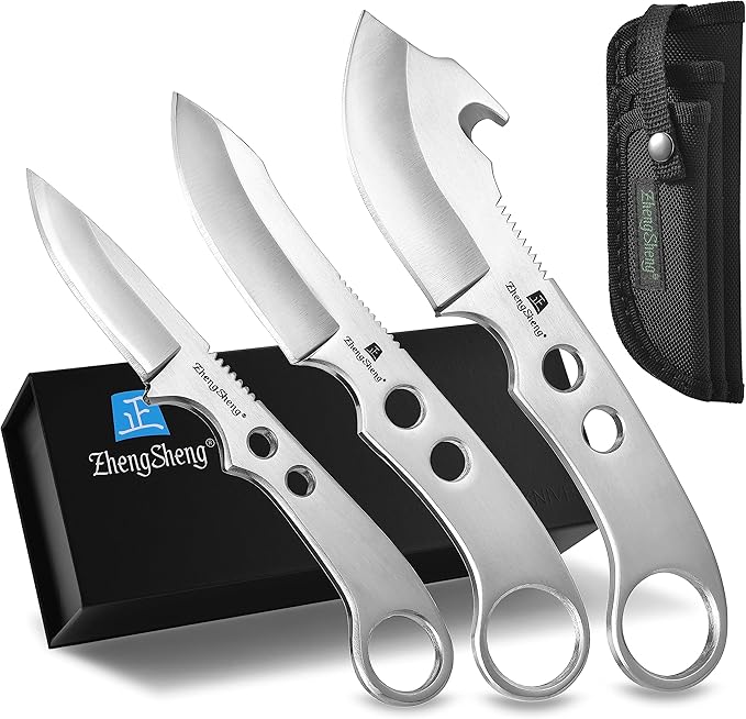ZhengSheng 3 Piece Hunting Knife set Survival Knives Bowie knife and Gut Hook Knife with Nylon Sheath for Hiking Outdoor Camping Activities