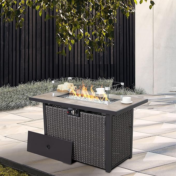 Nuu Garden Propane Fire Pit Table CSA Certified 43 Inch 50000 BTU Outdoor Gas Fire Pit Table with Ceramic Tabletop 7 lbs Glass Stone and Oxford Cover Dark Brown and Coffee